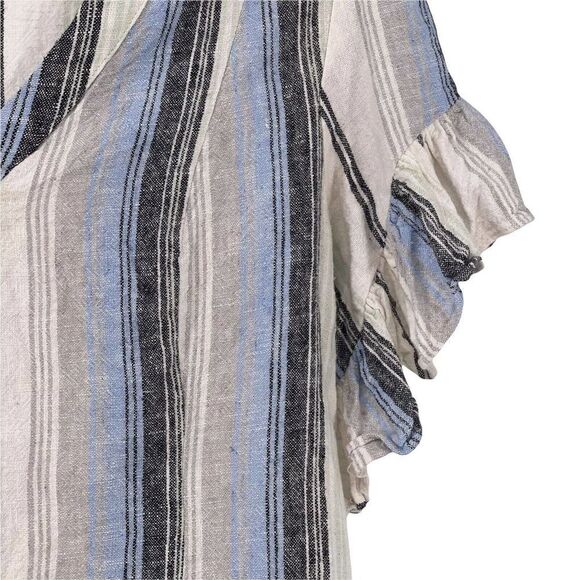 Drew Linen Blend Striped Ruffle Flutter Sleeve V-Neck Button Down Blue Top XS - Picture 3 of 6